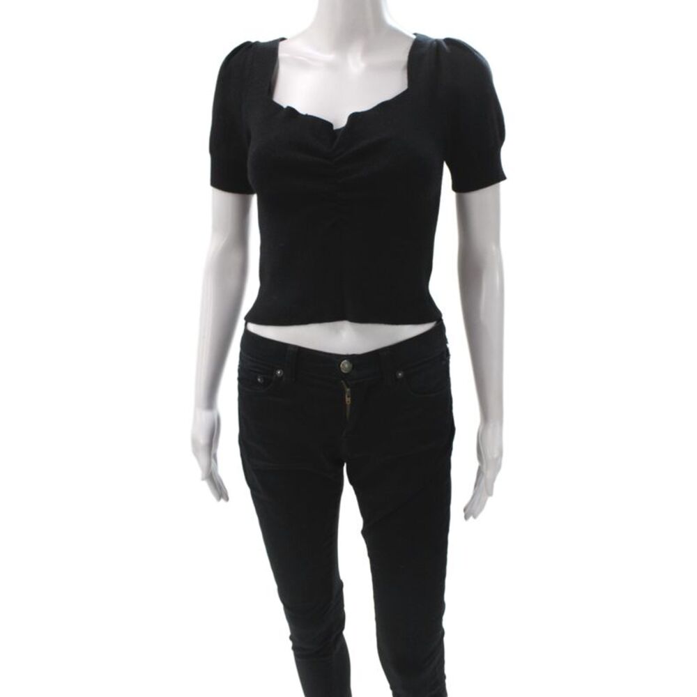 Endless Rose Womens Cropped Black Sweetheart Neck Short Sleeve Blouse Size XS
